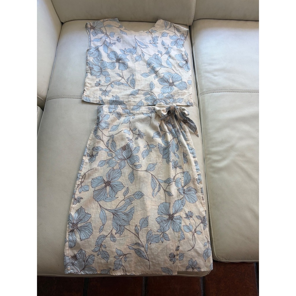 Cynthia Rowley L 100% Linen 2 Piece Floral Set Top and Wrap Midi Skirt Blue Tan